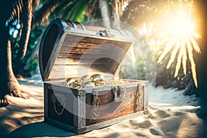 Fantastic picture of the treasure chest in majestic places of the tropics. Finances and money concept. Generative AI