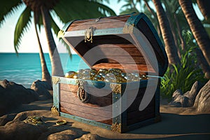 Fantastic picture of the treasure chest in majestic places of the tropics. Finances and money concept. Generative AI