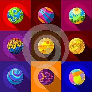 Fantastic planets icons set, flat style