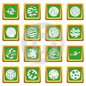 Fantastic planets icons set green