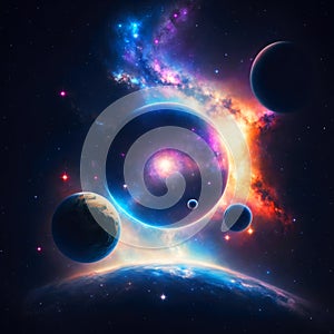 Fantastic planets in the outer space of the universe. AI-generated image