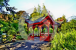 Fantastic red Asian pagoda surrounded by trees and vegetation photo