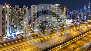 Fantastic rooftop skyline of Dubai marina timelapse.