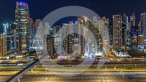 Fantastic rooftop skyline of Dubai marina timelapse.