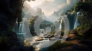 A fantastic scene with wild waterfalls in a dense jungle. A mysterious world. Generative AI