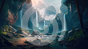 A fantastic scene with wild waterfalls in a dense jungle. A mysterious world. Generative AI