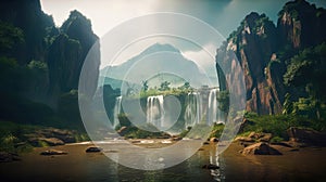 A fantastic scene with wild waterfalls in a dense jungle. A mysterious world. Generative AI