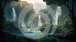 A fantastic scene with wild waterfalls in a dense jungle. A mysterious world. Generative AI