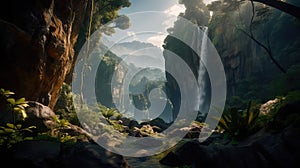 A fantastic scene with wild waterfalls in a dense jungle. A mysterious world. Generative AI