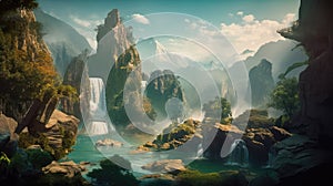 A fantastic scene with wild waterfalls in a dense jungle. A mysterious world. Generative AI