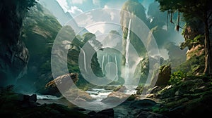A fantastic scene with wild waterfalls in a dense jungle. A mysterious world. Generative AI