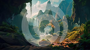 A fantastic scene with wild waterfalls in a dense jungle. A mysterious world. Generative AI