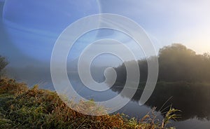 Fantastic Scenery with Large Planet in the Sky over Quiet River