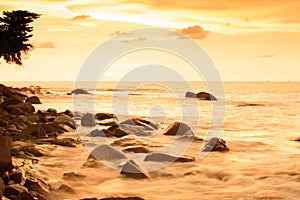 Fantastic scenery seascape on summer dusk, colorful clouds and sunset sky