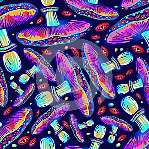 Fantastic seamless vector pattern of big-eyed fly agaric and psilocybin mushrooms. Amazing wallpapers of hallucinogenic mushrooms