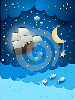 Fantastic seascape with flying ship and hanging moon