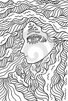 Fantastic shaman girl - doodle coloring page for adults. Mystical surreal artwork. Vector illustration