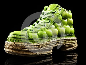 Fantastic Shoes Made of Fresh Fruits and Vegetables, Vegan Fashion, White Background, Creative Shoes