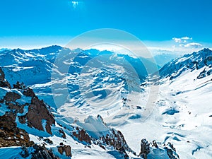 Fantastic snow mountains landscape banner background from Alps.