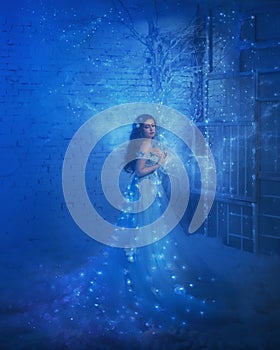 Fantastic snow queen in a luxurious dress, in an ice room. The interior fills with magic, her dress sparkles and glows