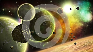 Fantastic space view with rotating planets and flying asteroids. Science fiction art. Seamless