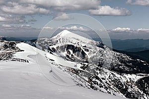 Fantastic spring landscape with snow mountain