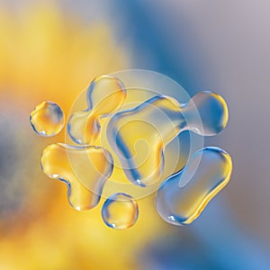 Fantastic structure of colorful oil bubbles. Chaotic motion. Bubbles oil drops on the water surface