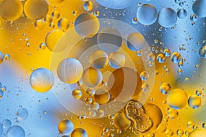 Fantastic structure of colorful oil bubbles. Chaotic motion. Bubbles oil drops on the water surface