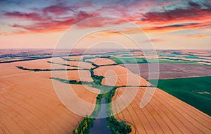 Fantastic sunrise on Ukrainian countryside. River in the shape of tree among the field of wheat.