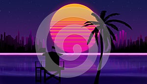 Fantastic sunset on the beach with a palm tree and a lifeguard house against the background of a starry sky and a city with