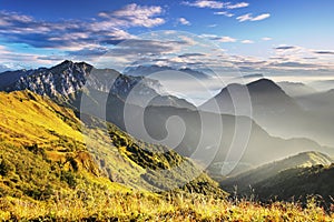 Fantastic sunset in the Dolomites mountains, South Tirol, Italy in autumn. Italian alpine panorama in Dolomiti mountain at sunset.