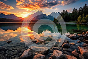 Fantastic sunset at lake Eibsee in Bavaria, Germany, Impressive summer sunrise on Eibsee lake with Zugspitze mountain range, AI photo