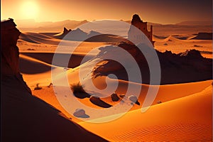 Fantastic sunset over the sand dunes of Sahara desert.