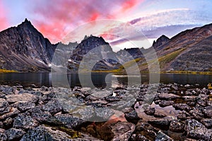 Fantastic sunset view over a Grizzly Lake in Tombstone Territorial Park, Canada