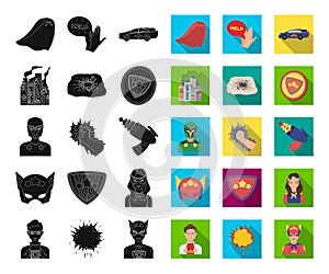 A fantastic superhero black,flat icons in set collection for design. Superhero`s equipment vector symbol stock web