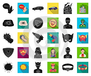 A fantastic superhero black,flat icons in set collection for design. Superhero`s equipment vector symbol stock web