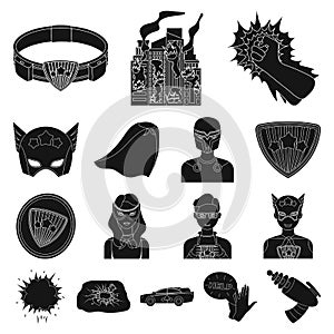 A fantastic superhero black icons in set collection for design. Superhero`s equipment vector symbol stock web