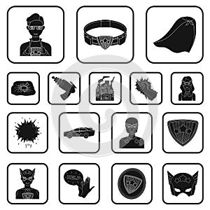 A fantastic superhero black icons in set collection for design. Superhero`s equipment vector symbol stock web