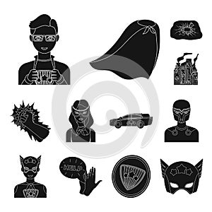 A fantastic superhero black icons in set collection for design. Superhero`s equipment vector symbol stock web