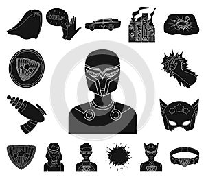 A fantastic superhero black icons in set collection for design. Superhero`s equipment vector symbol stock web