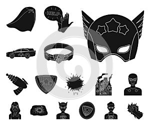 A fantastic superhero black icons in set collection for design. Superhero`s equipment vector symbol stock web