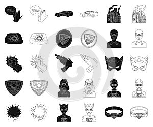 A fantastic superhero black,outline icons in set collection for design. Superhero`s equipment vector symbol stock web