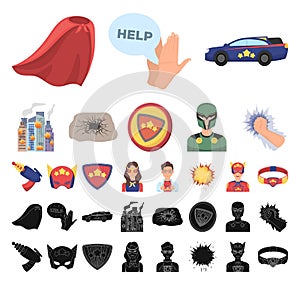 A fantastic superhero cartoon, black icons in set collection for design. Superhero`s equipment vector symbol stock web