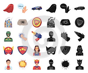 A fantastic superhero cartoon,black icons in set collection for design. Superhero`s equipment vector symbol stock web