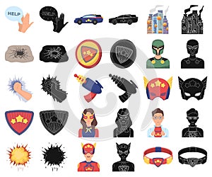 A fantastic superhero cartoon,black icons in set collection for design. Superhero`s equipment vector symbol stock web