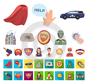 A fantastic superhero cartoon,flat icons in set collection for design. Superhero`s equipment vector symbol stock web