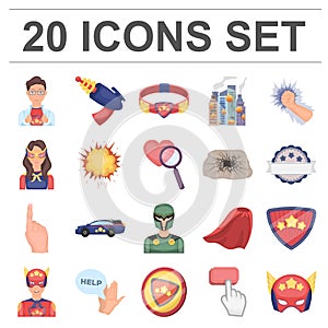 A fantastic superhero cartoon icons in set collection for design. Superhero`s equipment vector symbol stock web