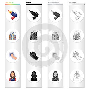A fantastic superhero cartoon icons in set collection for design. Superhero`s equipment vector symbol stock web