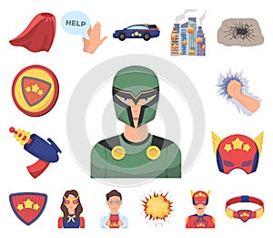 A fantastic superhero cartoon icons in set collection for design. Superhero`s equipment vector symbol stock web