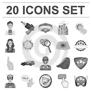 A fantastic superhero monochrome icons in set collection for design. Superhero s equipment vector symbol stock web